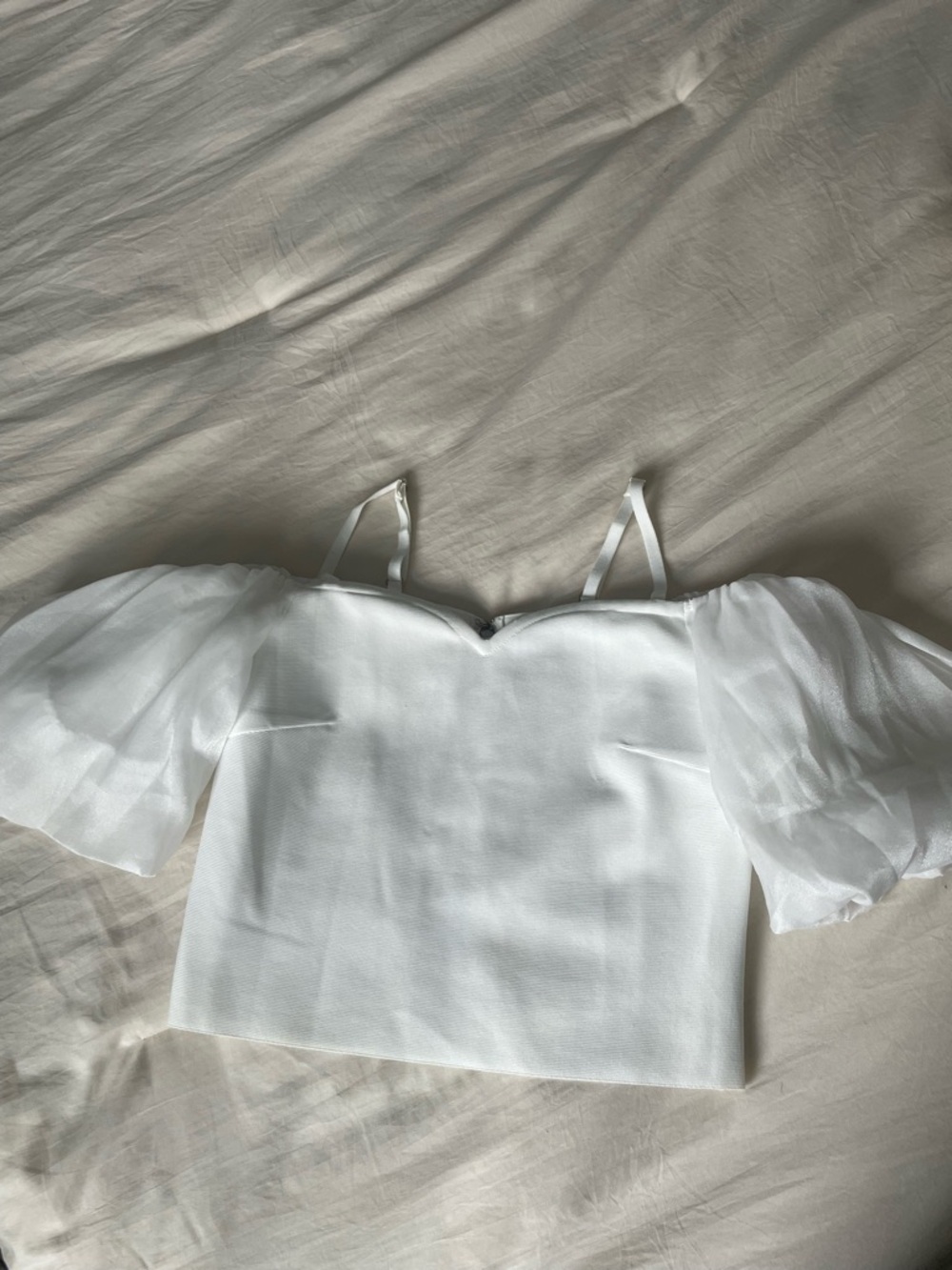 White Puff Sleeve Off the Shoulder Crop Top with Adjustable Straps